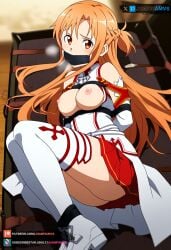 ai_generated brown_eyes brown_hair juanpiamvs laying_down long_hair nipples open_clothes patreon patreon_username subscribestar subscribestar_username sword_art_online tied uniform watermark yuuki_asuna