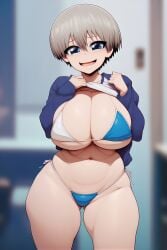 1girl 1girls ai_generated big_breasts bikini blush curvy exposing_breasts expressive_eyes female front_view gray_hair heavy_breasts huge_breasts looking_at_viewer short_hair smile smiling thick_thighs uzaki-chan_wa_asobitai! uzaki_hana wide_hips