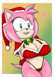 amy_rose anthro big_breasts bra breasts christmas christmas_clothing christmas_headwear clothed clothing digital_media_(artwork) eulipotyphlan female fur gloves green_eyes hair handwear hat headgear headwear hedgehog hi_res holidays mammal navel nipple_outline open_mouth panties pink_body santa_hat sega simple_background smile smiling smiling_at_viewer solo sonic_(series) sonic_the_hedgehog_(series) sonicguru standing tail teeth underwear