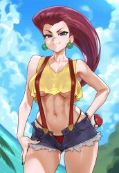 ai_generated alternate_costume blue_eyes cosplay covered_nipples crop_top crop_top_overhang denim_shorts earrings female highleg_panties jagat_ai jessie_(pokemon) long_hair misty_(pokemon)_(cosplay) nintendo nipple_bulge outdoors panties pokeball pokemon red_hair short_shorts shorts solo solo_female team_rocket underboob unzipped unzipped_pants