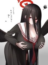 1girls black_hair black_wings blue_archive blush blush breasts cleavage clothed clothing feathered_wings female female_only fully_clothed grabbing_own_breast hair_between_eyes halo hasumi_(blue_archive) huge_breasts japanese_text large_breasts leaning_forward long_hair looking_at_viewer metae red_eyes school_uniform solo tie wings