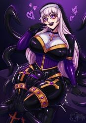 androgynous_sub assimilation christian_cross christian_symbol christianity corruption corset cross curvy_female curvy_figure drone femdom glasses gloves glowing_eyes goo goo_tentacles head_in_lap heart latex latex_body latex_clothing latex_skin lipstick living_latex living_rubber mistress_velzea_(vtuber) nun original purple_eyes spacen'cakes tentacle thick_thighs thighs white_hair