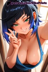 1girls ai ai_assisted ai_generated alternate_costume anime armpits artist_name bare_shoulders black_hair black_pants blue_camisole blue_hair blue_shirt blue_tank_top blush bob_cut braid breasts cleavage collarbone diagonal_bangs dibzprintz doorway downblouse ear_piercing earrings female from_above genshin_impact gradient_hair green_eyes grin hi_res high_quality high_resolution highres indoors jewelry large_breasts leaning_forward looking_at_viewer multicolored_hair nipple_slip nipples no_bra one_breast_out pants parted_lips patreon patreon_username piercing pov_doorway reaching reaching_towards_viewer selfie short_hair sleeveless smile solo tank_top two-tone_hair v watermark web_address yelan_(genshin_impact) yelan_\(genshin_impact\)