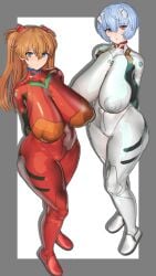 2girls 3d alternate_breast_size asuka_langley_sohryu big_breasts blue_eyes blue_hair duo female female_only idohori_people looking_at_viewer red_eyes red_hair rei_ayanami standing thighhighs thighs