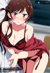 ai_generated big_breasts brown_eyes brown_hair female juanpiamvs kanojo_okarishimasu laying_on_bed lingerie long_hair mizuhara_chizuru on_bed patreon patreon_username rent_a_girlfiend subscribestar subscribestar_username watermark