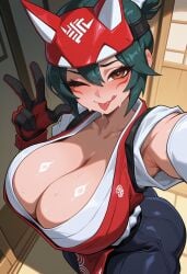1girl ;q ai_generated alternate_breast_size animal_mask armpits ass black_pants blush bow breasts brown_eyes cleavage clothing collarbone curvy detached_sleeves facial_mark female female_only fox_mask gloves green_hair hair_between_eyes hair_bow half_mask huge_breasts indoors japanese_clothes kimono kiriko_(overwatch) large_breasts licking_lips looking_at_viewer mask mask_on_head ninja one_eye_closed overwatch overwatch_2 pants red_gloves robe sallylove short_hair short_ponytail sleeveless_kimono smile solo sweat thighs tongue tongue_out traditional_clothes v w wafuku white_bow white_kimono