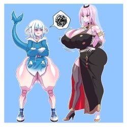 2girls annoyed_expression arms_crossed ass_visible_through_thighs big_breasts black_dress blue_eyes blush bottom_heavy bottomless breasts_bigger_than_head de_kurayami flat_chest fully_clothed gawr_gura high_heels hololive hololive_english hololive_myth hoodie huge_breasts long_hair mori_calliope pink_hair red_eyes shark_tail shortstack thick_thighs tiara virtual_youtuber vtuber white_hair wide_hips