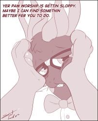 anthro blush bow_tie bullying dialogue dragon duo eyewear feet foot_fetish foot_on_face glasses hi_res hybrid lagomorph leporid mammal mythological_creature mythological_scalie mythology nerd rabbit scalie steelshark