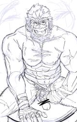 balls bara beard boner erection facial_hair granblue_fantasy male male_only monochrome muscles muscular penis pokotsun solo solo_male soriz