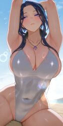 1girls ai_generated breasts cleavage clorinde_(genshin_impact) female female_focus female_only genshin_impact large_breasts light-skinned_female light_skin one-piece_swimsuit solo swimsuit thick_thighs thighs timmytommy wide_hips