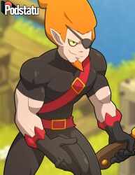 ankama bestiale big_bulge bulge_through_clothing bulge_under_clothes dofus eye_patch grabbing_bulge grabbing_crotch holding_bulge holding_crotch holding_weapon iop karn karn_(bestiale) male male_only muscular muscular_male podstatu wakfu