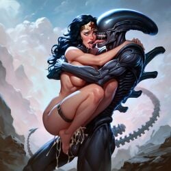 ai_generated alien alien_(franchise) big_breasts black_hair blue_eyes carrying creampie cum dc dc_comics diana_prince kissing kissing_while_penetrated long_hair monster rape tail wonder_woman wonder_woman_(series) xenomorph