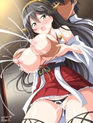 1boy black_hair black_panties blush breasts breasts_out ceiling censored crying crying_with_eyes_open cum cum_in_pussy cum_overflow dated deego_(omochi_bazooka) detached_sleeves ejaculation faceless faceless_male female hair_ornament haruna_(kancolle) haruna_kai_ni_(kancolle) highres indoors japanese_clothes kantai_collection kimono lactation lactation large_breasts nipples panties pleated_skirt projectile_lactation red_skirt saliva sex sex_from_behind shirt signature skirt standing standing_sex straight tears underwear variant_set white_kimono white_shirt wide_hips wide_sleeves yellow_eyes