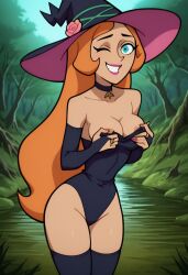 ahe_gao ai_generated areola_slip ass bigmic145 blue_eyes breasts bridal_gauntlets danny_phantom female jazz_fenton leotard medium_breasts nickelodeon orange_hair stripping thighhighs witch witch_costume witch_hat