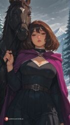 ai_generated aisinful animal ass belt big_ass big_breasts big_butt blush breasts brown_hair cape cleavage ehre_(sousou_no_frieren) female female_only frieren_beyond_journey's_end hi_res large_breasts medium_breasts short_hair snow solo sousou_no_frieren thick_thighs wholesome wide_hips