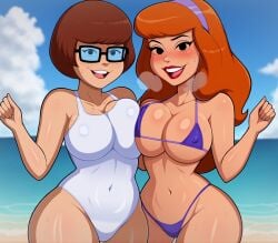 2girls ai_generated big_breasts bikini cats62 curvaceous_teen curvy curvy_female daphne_blake glasses one-piece_swimsuit pawg pornstar_body scooby-doo swimsuit tagme teenage_girl teenage_pawg teenager velma_dinkley voluptuous_teen