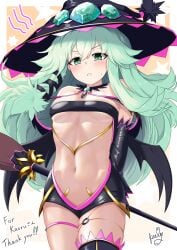 2d 2d_(artwork) ass belly belly_button breasts date_a_live green_eyes green_hair kyouno_natsumi light-skinned_female long_hair small_breasts solo solo_female thighs witch witch_hat