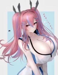 1girls azur_lane blue_hair blush blush breasts breasts_bigger_than_head bremerton_(azur_lane) bremerton_(scorching-hot_training)_(azur_lane) cleavage crop_top crop_top_overhang female female_only hair_between_eyes hair_ornament huge_breasts large_breasts long_hair looking_at_viewer metae multicolored_hair official_alternate_costume pink_eyes pink_hair simple_background skirt sleeveless sleeveless_shirt solo tennis_uniform twintails two_tone_hair v_arms x_hair_ornament