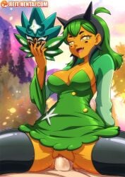 gijinka green_hair mask ogerpon open_mouth orange_skin pokemon pokemon_(species) reit sex short_hair skirt_up star_shaped_pupils tagme teeth vaginal_insertion vaginal_penetration vaginal_penetration vaginal_sex watermark yellow_eyes