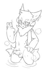 4_fingers anthro aw008166 blush canine cellphone cute_fangs erection eyewear glasses hand_on_hip hi_res horn humanoid_penis male mammal navel neck_tuft nipples penis phone precum simple_background solo standing sweat tuft water white_background wolf