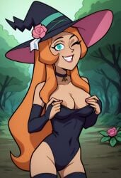 ahe_gao ai_generated areola_slip ass bigmic145 blue_eyes breasts bridal_gauntlets danny_phantom female jazz_fenton leotard medium_breasts nickelodeon orange_hair stripping thighhighs witch witch_costume witch_hat