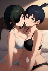 2girls ai_generated asymmetrical_docking bed bedsheets blue_eyes bra breasts chainsaw_man eyepatch genderswap genderswap_(mtf) green_eyes hayakawa_aki himeno_(chainsaw_man) medium_breasts pillow rule_63 smile tired_expressionsweat_drop yuri