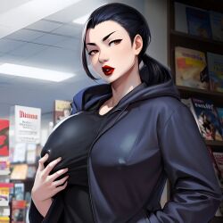 ai_generated aroused asian asian_female big_breasts black_hair breasts_bigger_than_head clothed clothing covered_erect_nipples curvy eye_lashes female fully_clothed gantz huge_breasts indoors jacket large_breasts lipstick milf nipple_bulge nunamiai pose public seductive sei_sakuraoka solo squeezing_breast standing