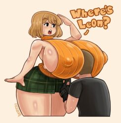 1boy 1girls ? ashley_graham big_thighs black_eyes blonde_hair capcom dialogue english_text female head_between_breasts huge_breasts huge_nipples hyper_breasts leon_scott_kennedy male medium_hair nipple_bulge pummies resident_evil resident_evil_4 sideboob simple_background text thick_thighs wide_hips