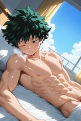 ai_generated izuku_midoriya midoriya_izuku muscles my_hero_academia sleeping tired_eyes waking_up yaoi