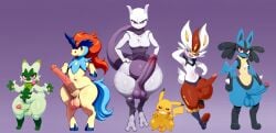 cinderace floragato keldeo lucario mewtwo pikachu