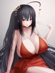 1girls azur_lane black_hair blush blush breasts breasts_bigger_than_head choker cleavage dress female female_only heart_symbol huge_breasts large_breasts long_hair looking_at_viewer metae overflowing_breasts pouring pouring_on_self red_choker red_dress red_eyes side_ponytail simple_background solo taihou_(azur_lane) taihou_(forbidden_feast)_(azur_lane) thick_thighs thighs white_background wine_glass