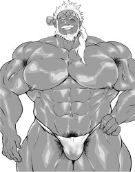 artist_request balls bara beard bulge facial_hair flaccid granblue_fantasy male male_only monochrome muscles muscular penis solo solo_male soriz