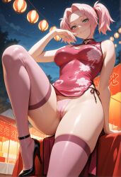 ai_generated belly belly_button big_ass big_breasts blush chinese_clothes chinese_dress clothing curvy curvy_figure festival high_heels naruto naruto_(series) naruto_shippuden outdoors outside panties pink pink_hair posing red_clothing sakura_haruno seductive seductive_eyes seductive_look seductive_smile thick_thighs twintails wide_hips