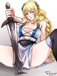 1girls areolae artist_name big_breasts blonde_hair blue_eyes blush braid breasts busty clothed clothed_female clothing dated female female_focus female_only greek_text holding holding_sword holding_weapon hourglass_figure large_breasts laurel_crown long_hair milf minacream nipples pubes pubic_hair pussy signature single_braid sitting solo solo_female sophitia_alexandra soul_calibur soul_calibur_vi spread_legs sword uncensored vagina weapon wide_hips