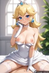 1girl1boy ai_generated bed bedroom big_breasts blonde_hair blue_eyes blush earrings exposed_breasts female hand_to_face happy indoors indoors_sex long_hair looking_at_viewer omega_weirdo patreon princess_peach sex straddling super_mario_bros. tiara wedding_dress wedding_night wedding_veil