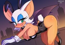 anthro ass bat big_breasts bow_tie breasts bunny_costume city cityscape cleavage clothed clothing costume fake_ears fake_rabbit_ears female footwear hi_res high_heels leaning leaning_forward lennonblack looking_at_viewer mammal membrane_(anatomy) membranous_wings rouge_the_bat sega shoes solo sonic_(series) sonic_the_hedgehog_(series) wings