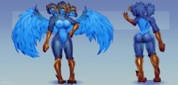 2025 3_heads anthro avian blue_body blue_eyes blue_feathers blue_hair blue_nipples feathered_wings feathers female genitals green_eyes hair hi_res multi_head nipples nude nude_anthro nude_female pussy rainset solo wings yellow_eyes