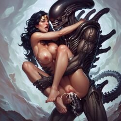 ai_generated alien alien_(franchise) big_breasts black_hair blue_eyes cum cum_in_pussy dc dc_comics long_hair male_xenomorph monster nipples pussy rape tail tiara vaginal_penetration wonder_woman wonder_woman_(series) xenomorph