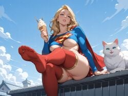 1girls 2d ai_assisted ai_generated animal art blonde_hair blue_eyes blue_sky bonnie_darko cape cat cloud dc dc_comics feline female from_below ice_cream kara_zor-el looking_at_viewer medium_breasts medium_hair miniskirt no_panties no_shoes pussy pussy_exposed red_cape red_thighhighs rooftop self_upload sitting sitting_on_roof skirt skirt_lift skirt_up soft_serve supergirl superhero superhero_costume superman_(series) thighhighs topwear uncensored underboob underskirt