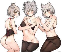 3girls ancestor_and_descendant ass black_bra black_legwear blush bra breasts cleavage core_crystal covering_breasts cute embarrassed_female female female_only highres lace lace-trimmed_bra lace_trim large_breasts legwear leotard lingerie_bra looking_at_viewer meidza_d midriff mio_(xenoblade) monolith_soft mother_and_daughter na'el_(xenoblade) navel nia nintendo partially_clothed short_hair silver_hair small_breasts thick_thighs thighs undressing white_bra xenoblade_(series) xenoblade_chronicles_2 xenoblade_chronicles_3 xenoblade_chronicles_3:_future_redeemed yellow_eyes