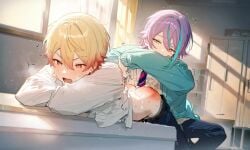 2boys ass blonde_hair gay kamishiro_rui project_sekai purple_hair rui_kamishiro ruikasa spanked_butt tenma_tsukasa yaoi yellow_hair