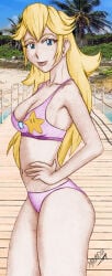 1girls artist_name beach big_breasts bikini blonde_hair blue_eyes breasts busty cleavage confident female female_only half-closed_eyes hand_on_own_hip highres large_breasts legs long_hair looking_at_viewer mario_(series) navel nintendo ocean parted_lips pink_bikini pose posing princess_peach seductive_smile smile solo swimsuit thighs tongue traditional_media voluptuous water