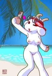 2024 anthro beach beach_background breasts bunny_maloney bunny_maloney_meko charlotte_(bunny_maloney) edit edited edited_image edited_official_artwork female furry glasses glasses_off goat goat_horns heart_symbol hi_res makeup nipples nude nude_edit official_art outside palm_tree partially_clothed phone portrait pussy selfie tagme third-party_edit three-quarter