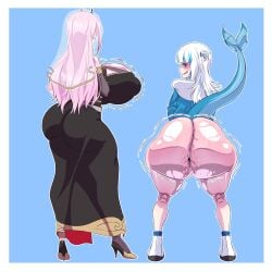 2girls arms_crossed ass ass_bigger_than_head big_ass big_breasts black_dress blue_eyes blush bottom_heavy bottomless breasts_bigger_than_head colossal_ass de_kurayami flat_chest fully_clothed gawr_gura high_heels hololive hololive_english hololive_myth hoodie huge_ass huge_breasts long_hair looking_at_viewer lustful_gaze mori_calliope pink_hair red_eyes shark_tail shortstack swamp_ass sweaty_ass sweaty_butt tagme thick_thighs tiara virtual_youtuber vtuber white_hair wide_hips