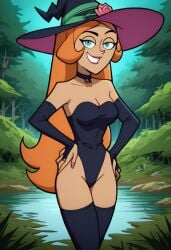 ahe_gao ai_generated ass bigmic145 blue_eyes breasts bridal_gauntlets danny_phantom female jazz_fenton leotard medium_breasts nickelodeon orange_hair thighhighs witch witch_costume witch_hat