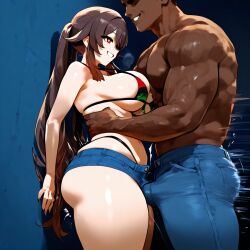 1boy ai_generated ass ass_focus back bare_shoulders big_ass big_breasts big_butt bikini breast_grab brown_hair dark-skinned_male dark_skin denim_shorts erection evening from_behind genshin_impact grabbing hu_tao_(genshin_impact) huge_ass huge_breasts huge_butt imminent_sex jean_shorts jeans large_ass large_breasts large_butt long_hair looking_back medium_breasts muscular_male night outdoors pan-african_flag_bikini plump plump_ass red_eyes standing thick thick_ass thick_legs thick_thighs walking wide_hips wide_thighs