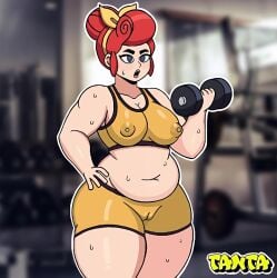 bare_belly belly big_ass brawl_stars breasts chubby_female curvy_figure female_focus gym huge_breasts light-skinned_female light_skin milf navel nipples_visible_through_clothing pam_(brawl_stars) pussy_visible_through_clothes red_hair see-through_clothes sports sportswear standing sweaty tanta_bs tight_clothes tummy wet