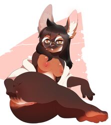 annie_(theredhare) anthro ass breasts eyewear female glasses higgyy lagomorph looking_at_viewer lying mammal nipples on_side pussy rabbit solo thick_thighs