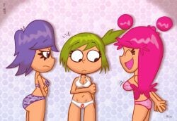 3girls ami_onuki background bikini blue_eyes cartoon_network closed_eyes color_background female female_only green_hair happy happy_female hi_hi_puffy_amiyumi julie_hinikawa pink_bikini pink_hair png purple_bikini purple_hair sb99 scobionicle99 serious serious_face surprised surprised_face warner_brothers white_bikini yumi_yoshimura