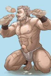 balls bara beard boner cerb0980 cum cum_on_body erection facial_hair fundoshi gay granblue_fantasy handjob male male_only muscles muscular penis penis_out soriz tongue_out